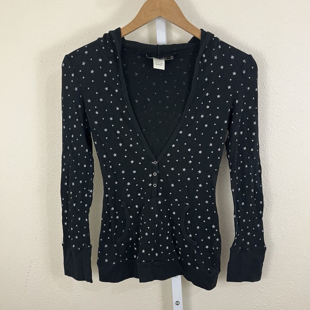 Vintage Y2K Belle du Jour Hooded Waffle Knit Star Print Henley Hoodie M Black